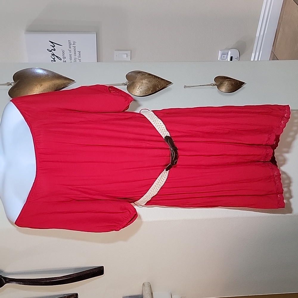 ASHLEY STEWART Plus Size Boho Flowy Gauzy Dress w/Belt Off Shoulder Red sz 22